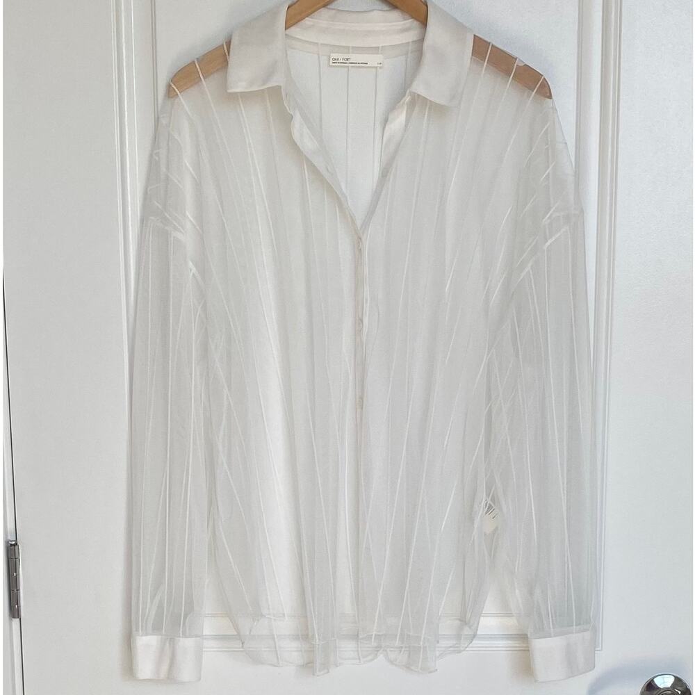Oak and Fort Casual Long Sleeve Sheer Collared Blouse Shirt White Large Top